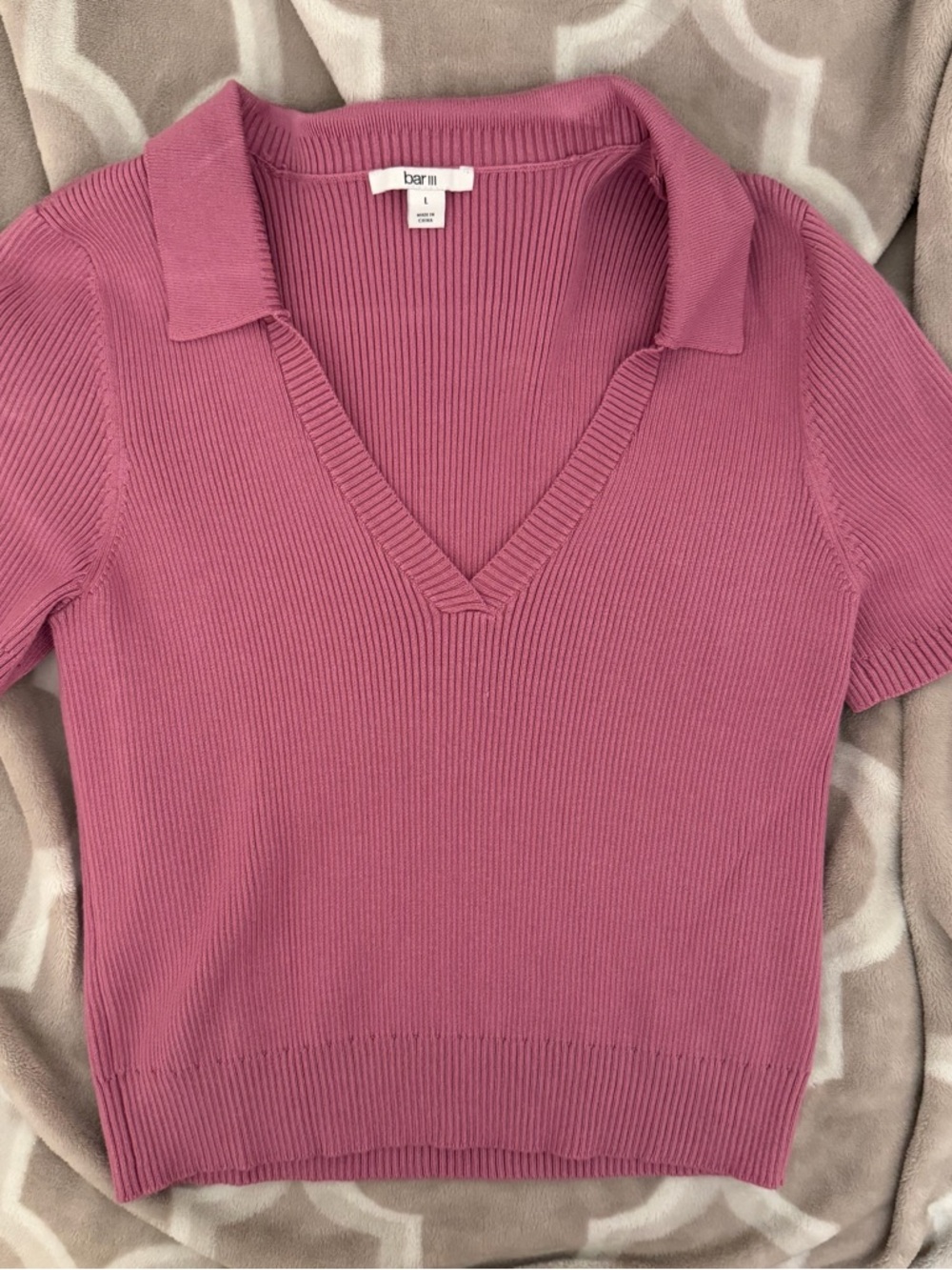 Pink Ribbed V-Neck Polo Sweater